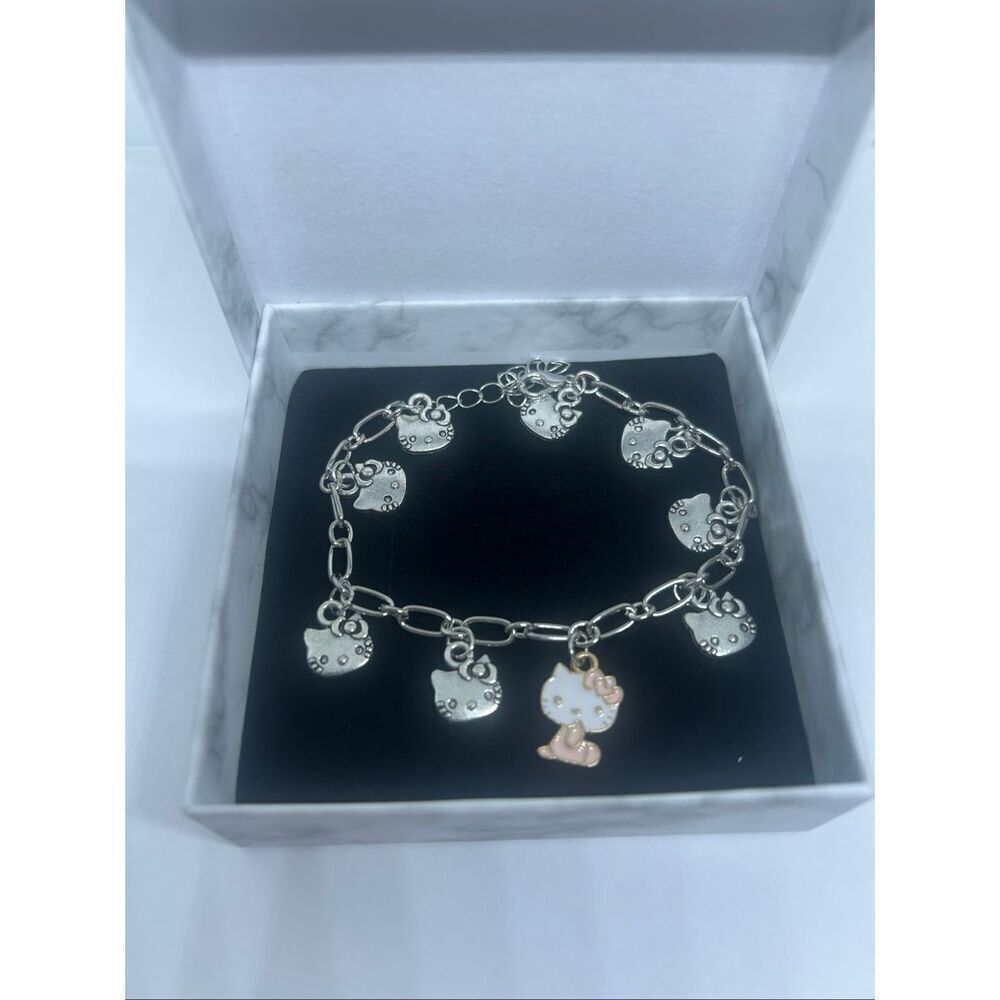 NEW Hello Kitty Charm Bracelet Silver Tone w/ Pink Enamel Charm